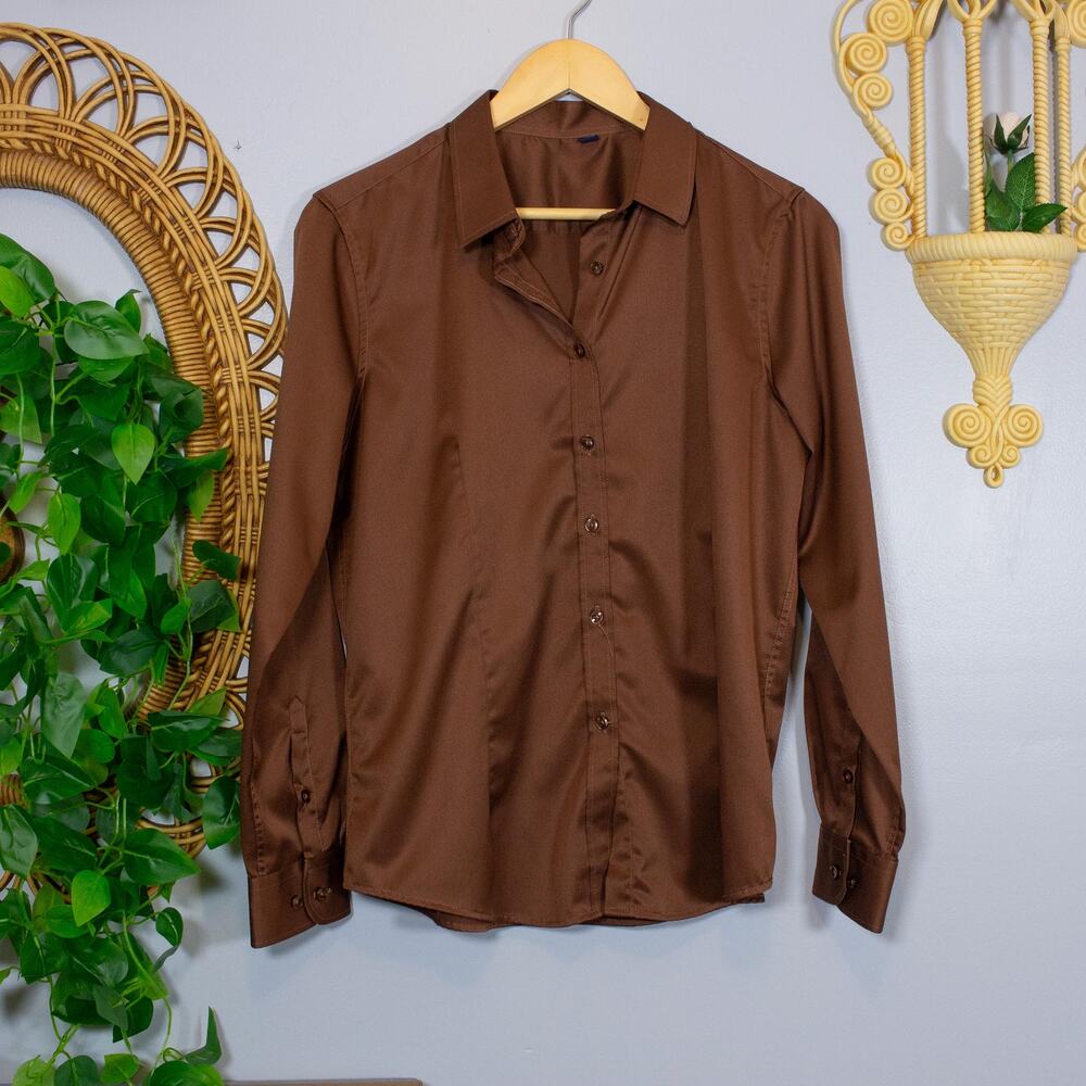 VTG Brown Satin Button Down Shirt Long Sleeve Minimalist Italy | True Autumn